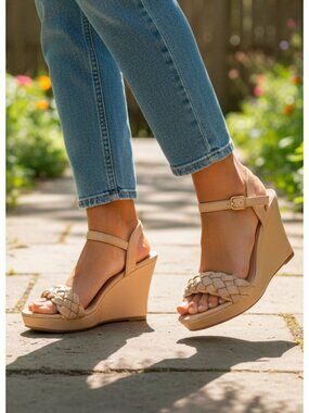 Braided Taupe Wedge Sandals With Adjustable Ankle Strap For Women